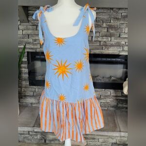 NWT Lumiere Blue and Orange Starburst Shoulder Tie Mini Dress Size L